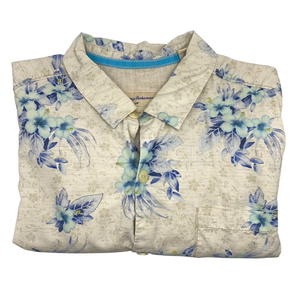Tommy Bahama Mens Large 100% Silk Floral Hibiscus Short Sleeve Button Down Shirt